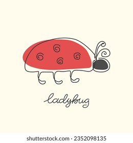 Handwritten lettering.Cute continuous line ladybug. Funny doodle ladybird.  Lady beetle isolated on white background