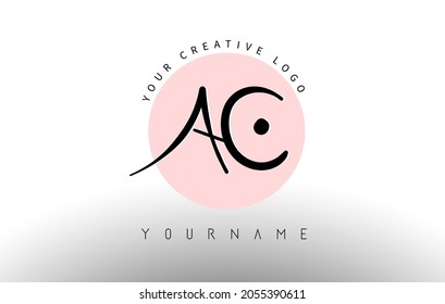 Handwritten Letters AC a c Logo with rounded lettering and pink circle background design. Creative Stamp Vector Illustration with letters A and C. 