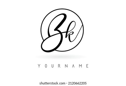 Handwritten letters Bk logo design with simple circle vector illustration. Creative icon with wired letters and circle frame.
