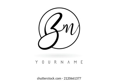 Handwritten letters Bm logo design with simple circle vector illustration. Creative icon with wired letters and circle frame.
