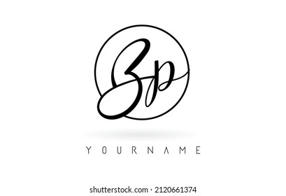 Letras manuscritas diseño del logotipo Bp con ilustración simple del vector de círculo. Icono creativo con letras con cable y marco de círculo.