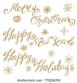 handwritten letters of happy christmas, happy new year hand written in retro style on white background, hand drawn snowflakes
