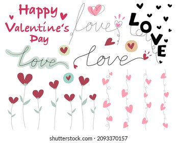 Hand-written letters and heart shape elements designed in red and pink tones in doodle style, for decoration, valentine's day, father's day, mother's day, card, mug, t-shirt pattern, template and more