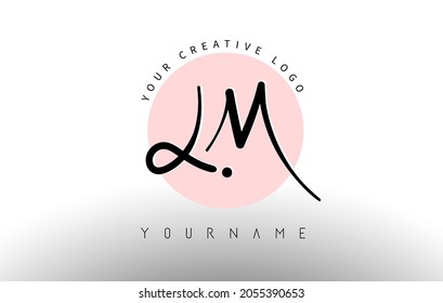 Handwritten Letters LM l m Logo with rounded lettering and pink circle background design. Creative Stamp Vector Illustration with letters L and M. 