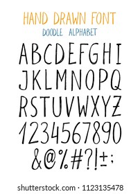 Handwritten letters, numbers and symbols. Script font for design. 