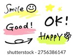 Handwritten letters on highlighter backdrop. Perfect for comments like "Good!" or "OK!" and as header decorations.