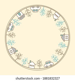 Handwritten line art cityscape vector round shape frame.
