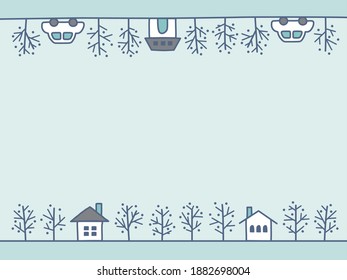 Handwritten line art cityscape vector frame.