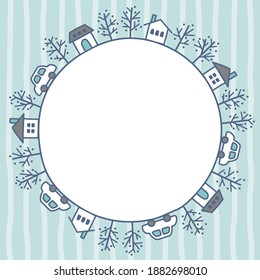 Handwritten line art cityscape vector round shape frame.