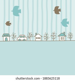 Marco vectorial del paisaje de la ciudad de la línea escrita a mano.