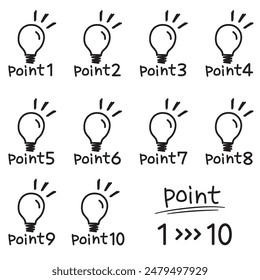 Handwritten line drawing light bulb point icon 1 to 10