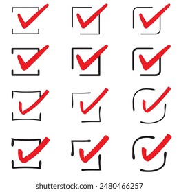 Dibujo de líneas manuscritas de varias marcas de verificación rojas