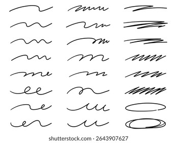 Conjunto de Ilustración vectorial de líneas escritas a mano. Dibujado a mano, ornamental, doodle, línea de arte