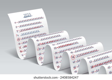 Handwritten list of 2023 goals with completed items checked off with red marks, final results of accomplished work, big wishing or shopping checklist. Concept of summing up the year results