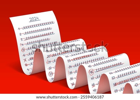 Handwritten list of 2024 goals with completed items checked off with red marks, final results of accomplished work, big wishing or shopping checklist. Concept of summing up the year results
