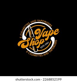 handwritten logo, lettering vape shop, electric cigarette, vintage circle shape logo design isolated on black background.