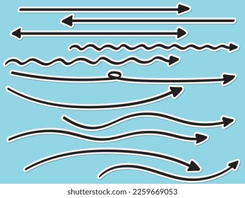 Handwritten long arrow set with white border like stickers. The tip of the arrow is triangular.