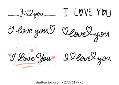 Handwritten “I love you” lettering vector set with romantic heart elements. Perfect for Valentine’s Day cards, wedding invitations, anniversary designs, greeting cards, posters, print-on-demand products, stickers, and romantic social media graphics. Clean, modern, and expressive hand-drawn typography.