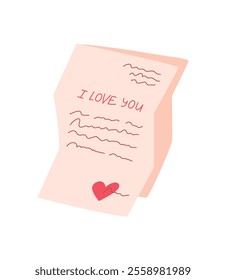 Handwritten love note with a heart and romantic message inside a cute envelope. Concept of personal expression, affection, and celebration for valentine's day, flat style. Suitable for greeting card