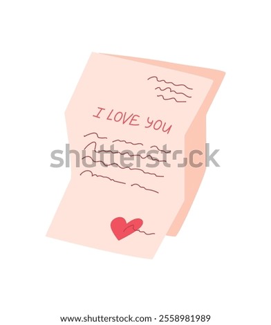 Handwritten love note with a heart and romantic message inside a cute envelope. Concept of personal expression, affection, and celebration for valentine's day, flat style. Suitable for greeting card