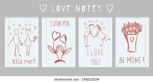handwritten love note message on notepad sheet. hand-drawn naive valentine's day greeting card. vertical banner invitation flyer brochure card