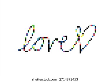 Guión escrito a mano 'Love' con corazón rosa y verde. 8 bits. Desarrollo de juegos, App móvil. Ilustración vectorial aislada.	
