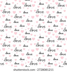 Texto de amor escrito a mano Vector de patrón sin fisuras para el fondo romántico del corazón