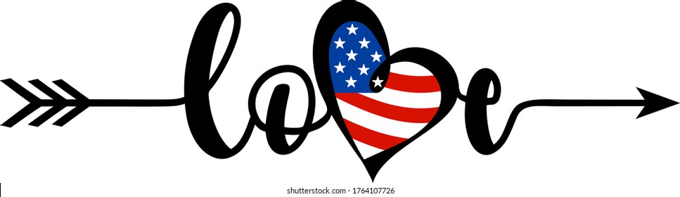 Handwritten Love word with Heart symbol in USA flag colors. Celebration of 4th of July USA Independence Day vector tee shirt design. Designed in Stars and Stripes. 
