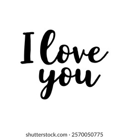 Handwritten I love you text in black ink on a white background, simple and clean style, expressing love and affection concept. Valentine's day, wedding illustration.