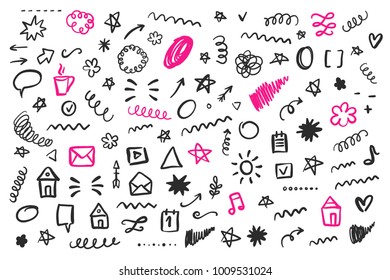 Handwritten mail symbols. Hand drawn social media doodles, isolated on white. Blog, web design elements.