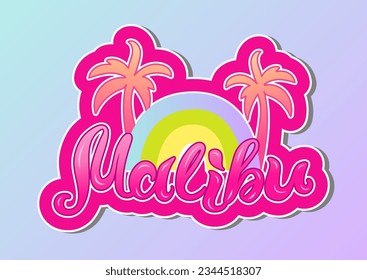 Handwritten Malibu with rainbow and palm trees. Design element as sticker, logo, emblem isolated on background. Vector illustration.