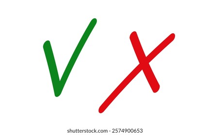 Handwritten Сheck Mark and Cross symbol. Correct and Wrong Versus brush line icon