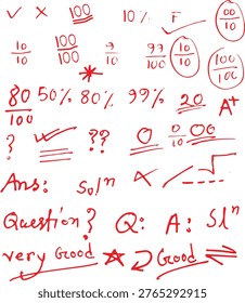 Handwritten math notes and formulas with answers, percentages, grading marks and symbols. Blue ink doodle style on light background. Includes equations, trigonometry, algebra, physics symbols and classroom elements. Perfect for education backgrounds, school materials, exams, learning concepts and academic design projects.