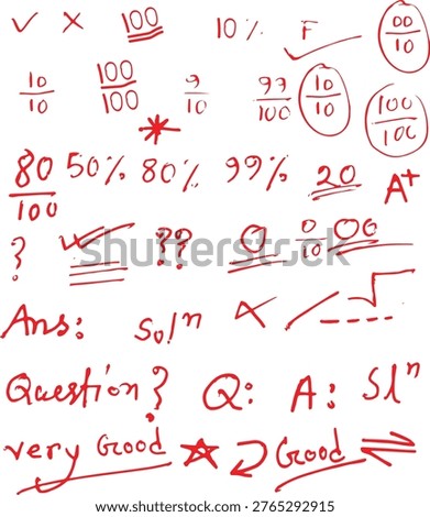 Handwritten math notes and formulas with answers, percentages, grading marks and symbols. Blue ink doodle style on light background. Includes equations, trigonometry, algebra, physics symbols and classroom elements. Perfect for education backgrounds, school materials, exams, learning concepts and academic design projects.