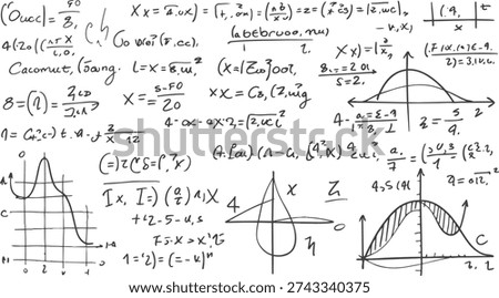 Handwritten mathematical equations and graphs on a white background with sketched diagrams and symbols