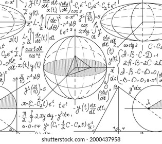 Handwritten mathematical vector seamless pattern with scientific math calculations, figures, tasks