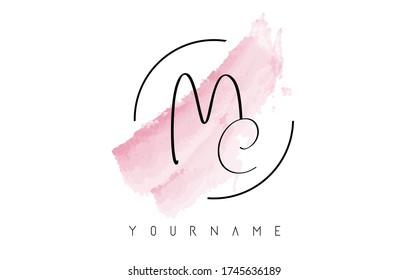 Handwritten MC M C Letters Logo with Pink Pastel Watercolor Brush Stroke Concept and Circular Rounded Design. 
