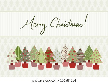 Handwritten Merry Christmas Card in traditional color scheme with hand-drawn Christmas tree design. Vector Version.