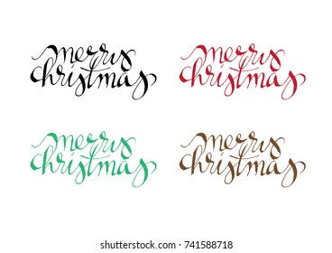 Handwritten Merry Christmas greeting. Holidays lettering in different colors. Calligraphic phrase. New year vector illustration