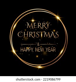 Handwritten Merry Christmas and Happy New Year greetings, modern festive calligraphy lettering in golden over black. Holiday season card vector illustration.