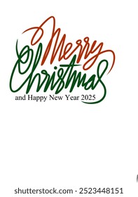 Handwritten "Merry Christmas and Happy New Year 2025" isolated on white background. The dominant colors are Red and Green. Christmas and New Year icons.