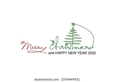 Handwritten "Merry Christmas and Happy New Year 2025" with abstract Christmas tree and star ornament. Red and green colors. Christmas and new year icon. Vector illustration.