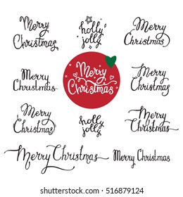 Handwritten Merry Christmas lettering set made with ink. Hand drawn design elements for congratulation card, invitation, banner, poster and flyer templates. Isolated vector on white background.