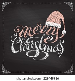 Hand-written Merry Christmas on blackboard background. Chalk Santa hat and vintage frame. Vector festive design.