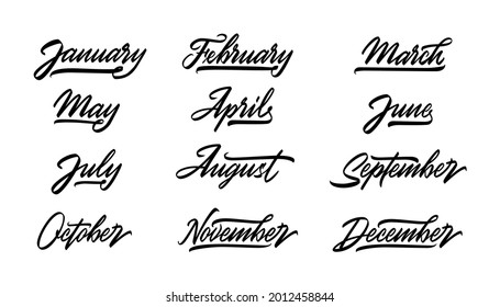 Handwritten modern black name of month of the year in english isolated on a white background. 12 months lettering collection for graphic design, calendar template, education,visual content.