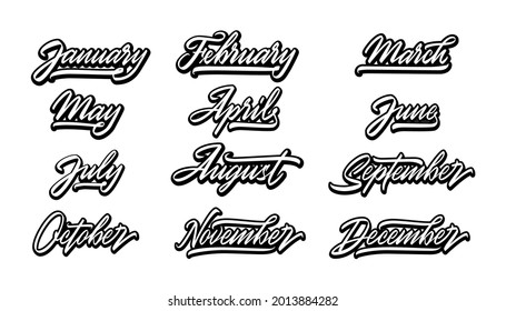 Handwritten Modern Black Name Of Month Of The Year In English Isolated On A White Background. 12 Months Lettering Collection For Graphic Design, Calendar Template, Education,visual Content. Eps 10.