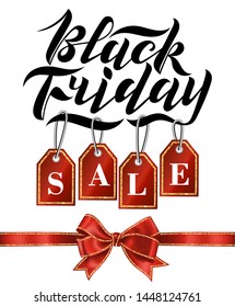 Handwritten modern brush lettering for Black Friday sale with a tag on white background with red bow and glitter. Cool logo for banner, flyer, label, poster.