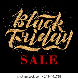 Handwritten modern brush lettering with gold glitter texture. Black Friday on black background. Cool logo for banner, flyer, label, poster.