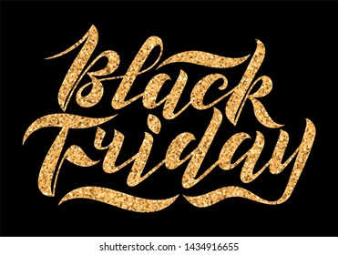Handwritten modern brush lettering with gold glitter texture. Black Friday on black background. Cool logo for banner, flyer, label, poster.