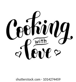 Handwritten modern calligraphy lettering of Cooking with love in black decorated with hearts isolated on white background for decoration, logo, poster, cookbook, restaurant, cafe, recipe book